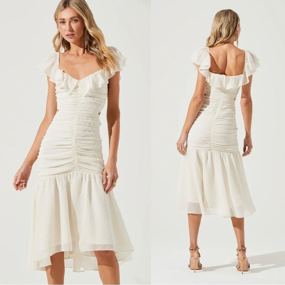 ASTR Ivory Cream Off White Swiss Dot Textured Ruched Ruffle Cut Out Midi Dress - Picture 3 of 17